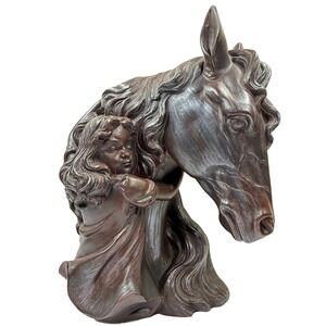 Girl Hugging Horse Head Sculpture Statue Bronze Color Equestrian Gift
